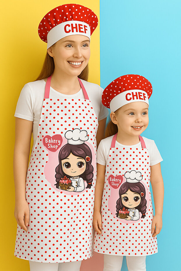 Ays Home Red Polka Dot Mother and Child Kitchen Apron Set (2 Hats 2 Aprons)