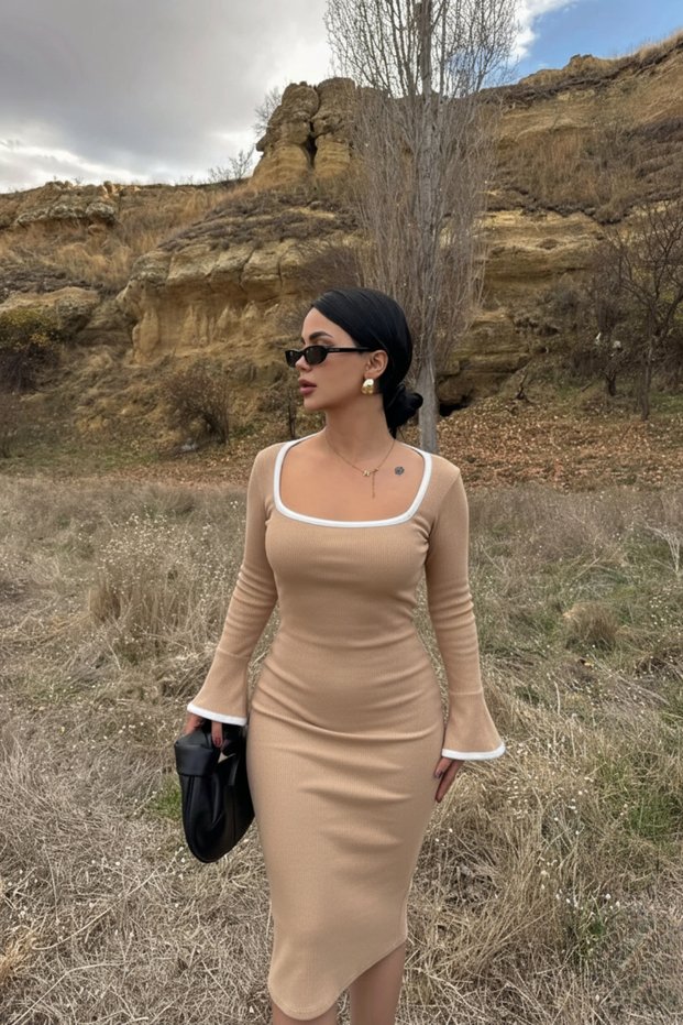 Women's Beige White Detailed Square Neck Ribbed Dress