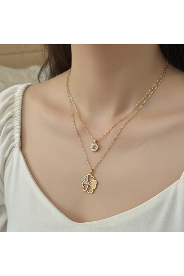 altın renk yonca ve tek taş detaylı kombin kolye - 1