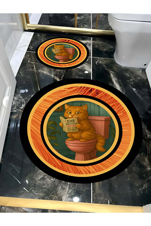 Hari̇kabi̇rev | Bathroom and Toilet Round Mat Reading a Newspaper Sarman Cat Motif Modern | Yvrpsps
