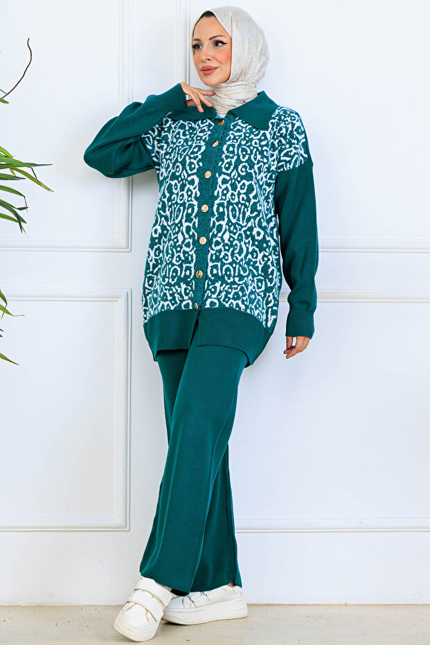 Patterned Button Detailed Knitwear Set S1124 Emerald Green
