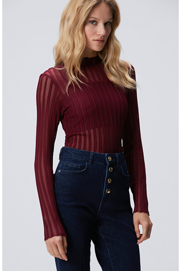 Bordo Desenli Bluz - 4