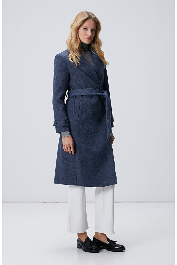 Lacivert Diyagonal Desen Kuşaklı Uzun Palto - 4
