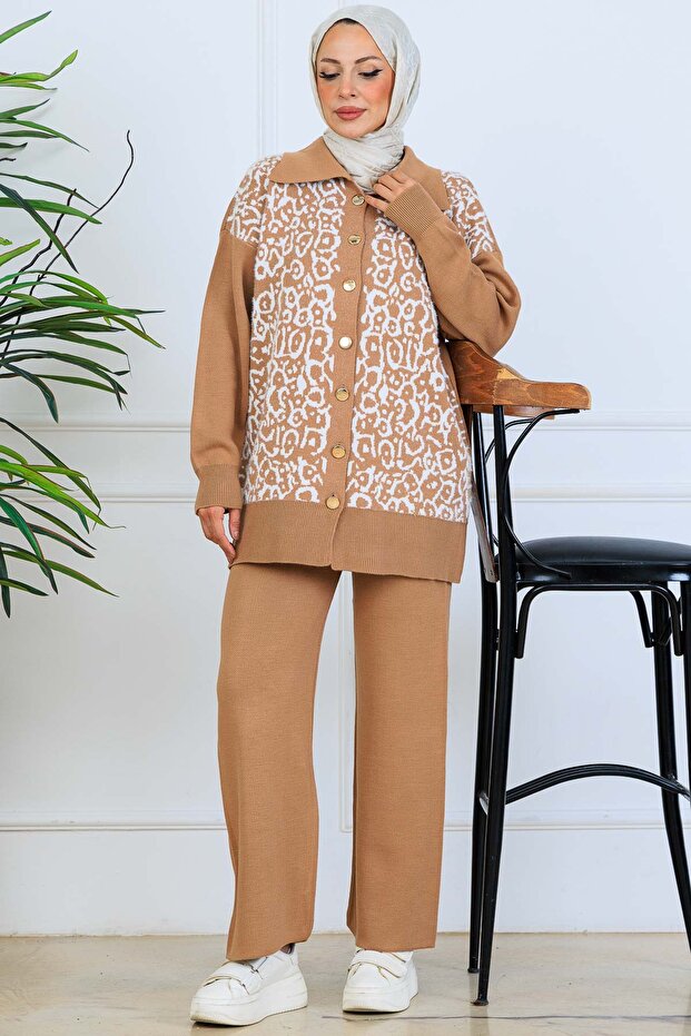 Patterned Button Detailed Knitwear Set S1124 Mink
