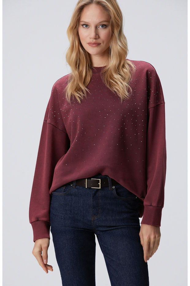 Bordo Taşlı Sweatshirt - 1