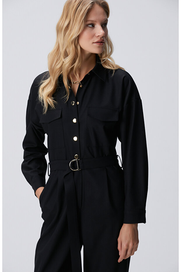 Siyah Cep Kapaklı Tulum - 3