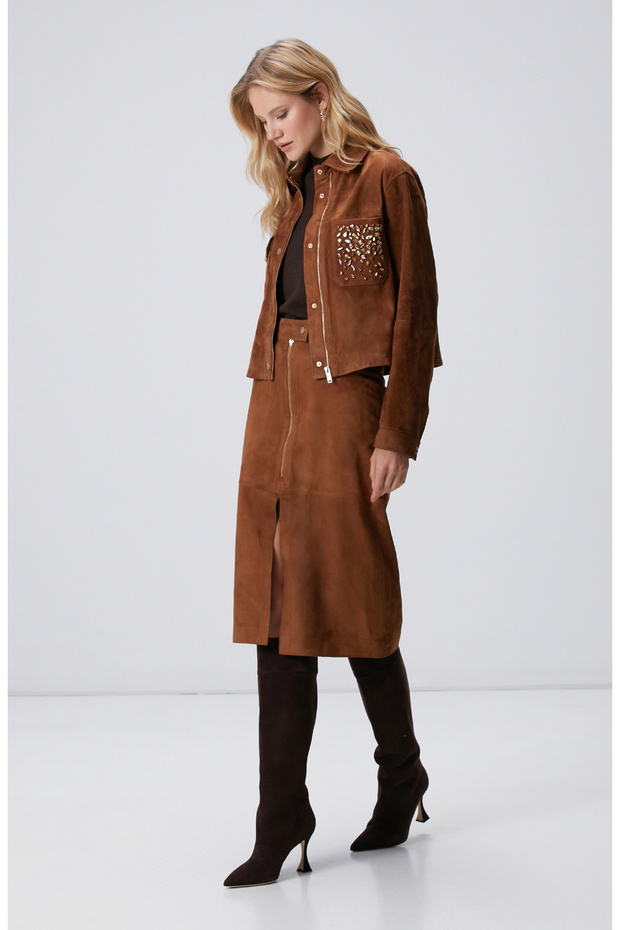 Tarçın Süet Deri Midi Etek - 1