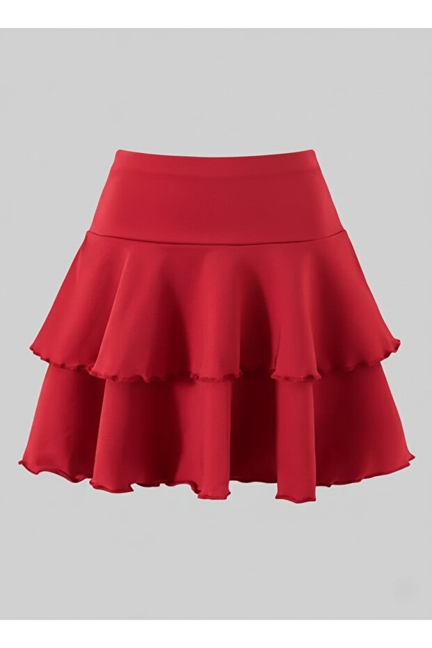 Girl's Ruffled Two-Layer High-Waisted Mini Flared Skirt (Size Chart Is Available in the Photo)