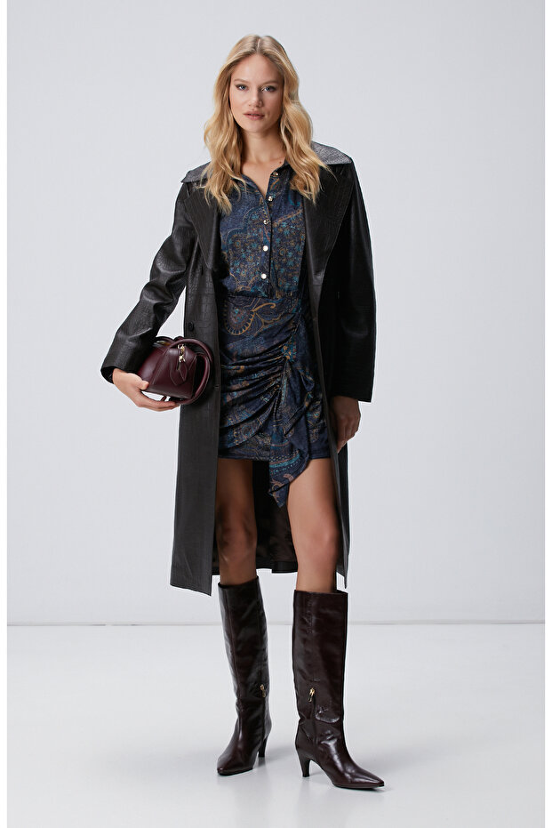 Petrol Desenli Mini Viskon Elbise - 1