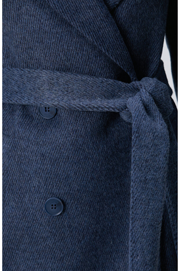 Lacivert Diyagonal Desen Kuşaklı Uzun Palto - 6