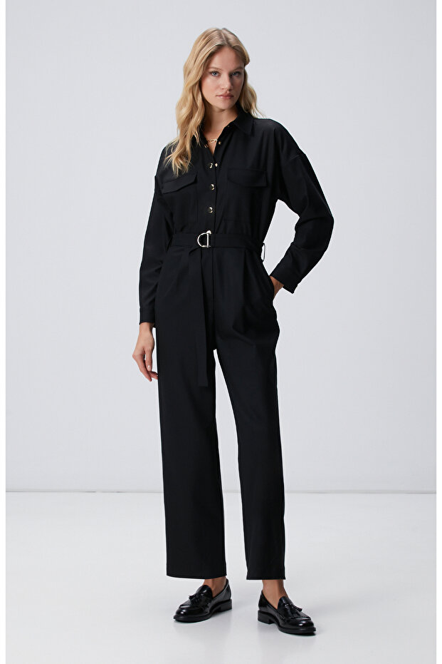 Siyah Cep Kapaklı Tulum - 1