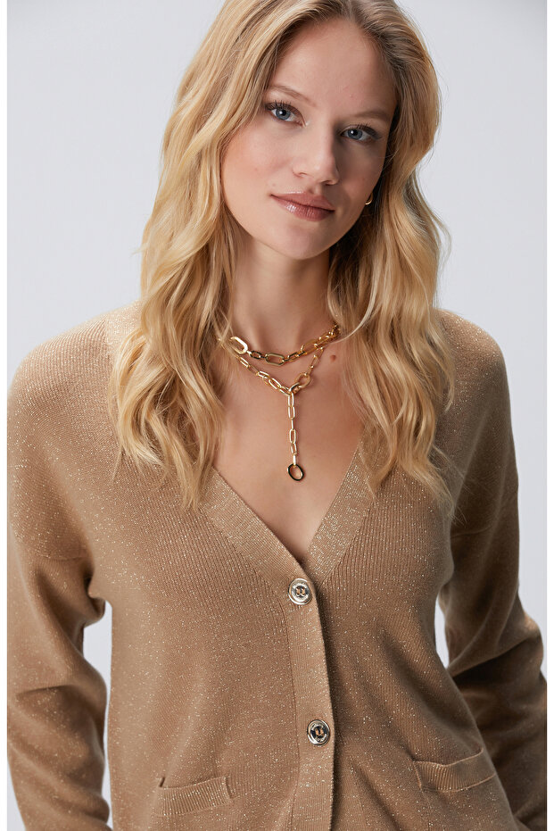 Camel Simli Düğmeli Cep Detaylı Hırka - 2