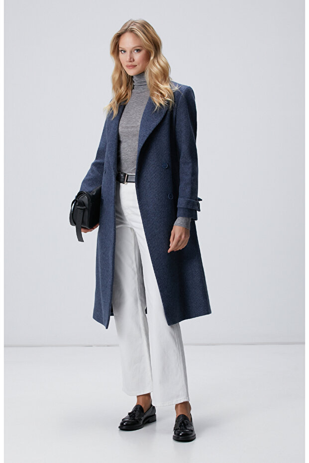 Lacivert Diyagonal Desen Kuşaklı Uzun Palto - 1