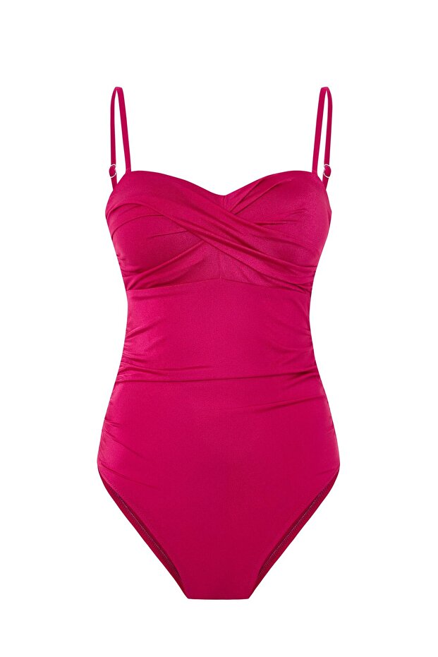 Double-Breasted Draped Gathering Fuchsia Women's Swimsuit - Laguna