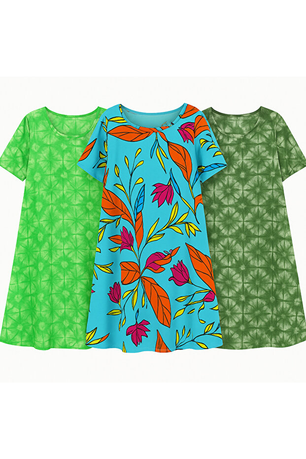 Women's 3-Piece Viscose Dress Set–Green, Patterned Blue, Khaki–Comfortable and Stylish Casual Dress