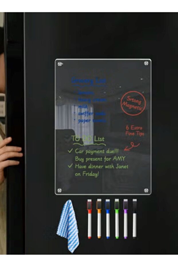 Transparent erasable message board with board, 6 random color pens and 1 cloth - 4