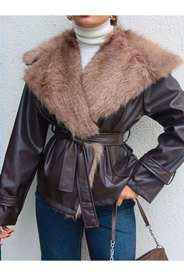 Collared Belted Leather Jacket - 3