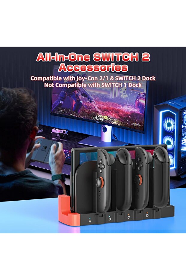 USB Charger Compatible with Nintendo Switch 2 and Joy-Con Controllers, 4-Port Magnetic Fast Charging - 8