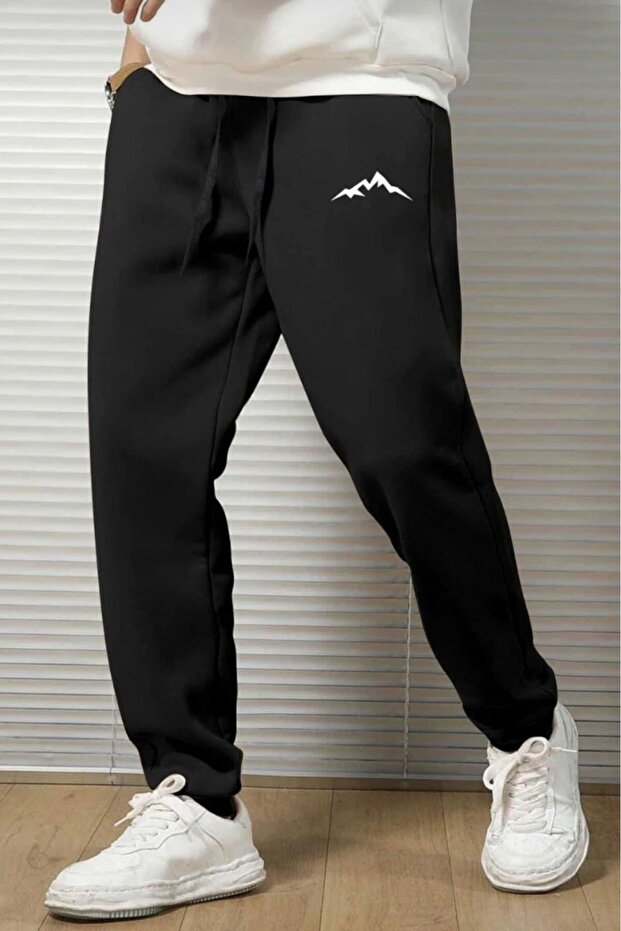 Men's Black Seasonal Mountain Printed Sweatpants