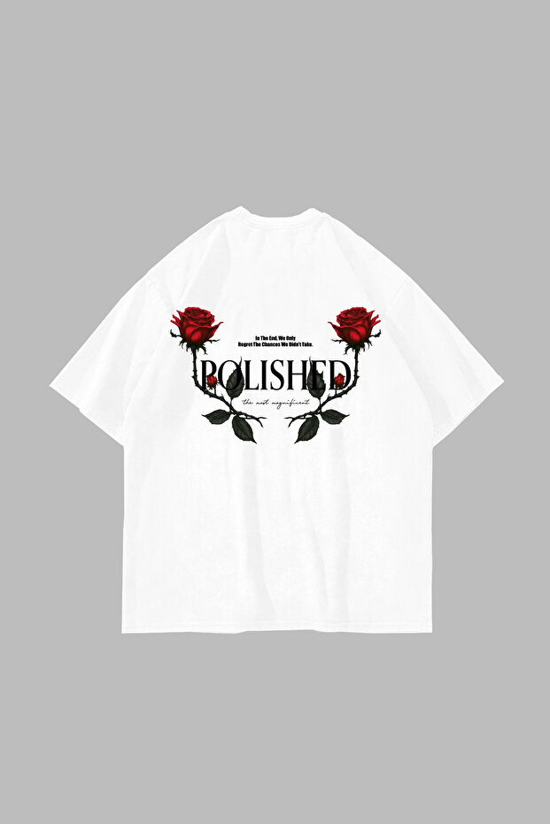 Polished Rose Printed Oversize Unisex White Tshirt