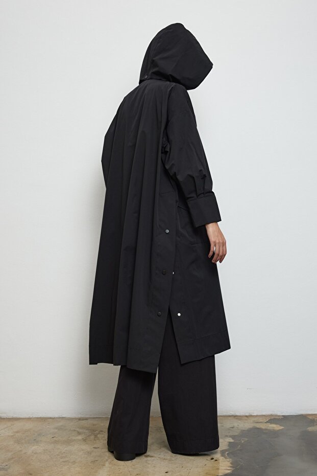 Kapüşonlu Oversize Yağmurluk Siyah - 4