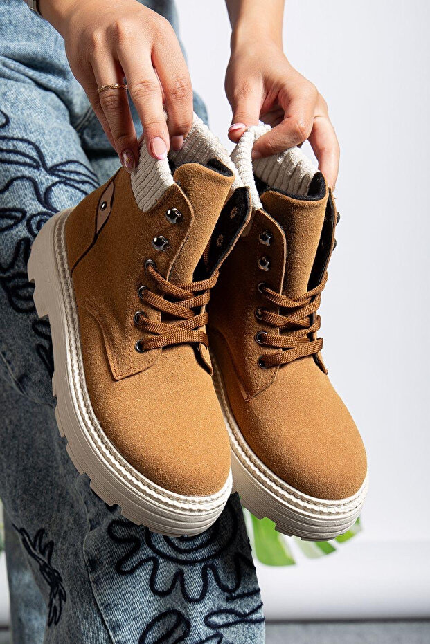 Kadın Taba Süet Günlük Bağcıklı Suya Dayanıklı Bot Rahat Şık Yüksek Taban Sıcak Astar Kışlık Bootie - 1