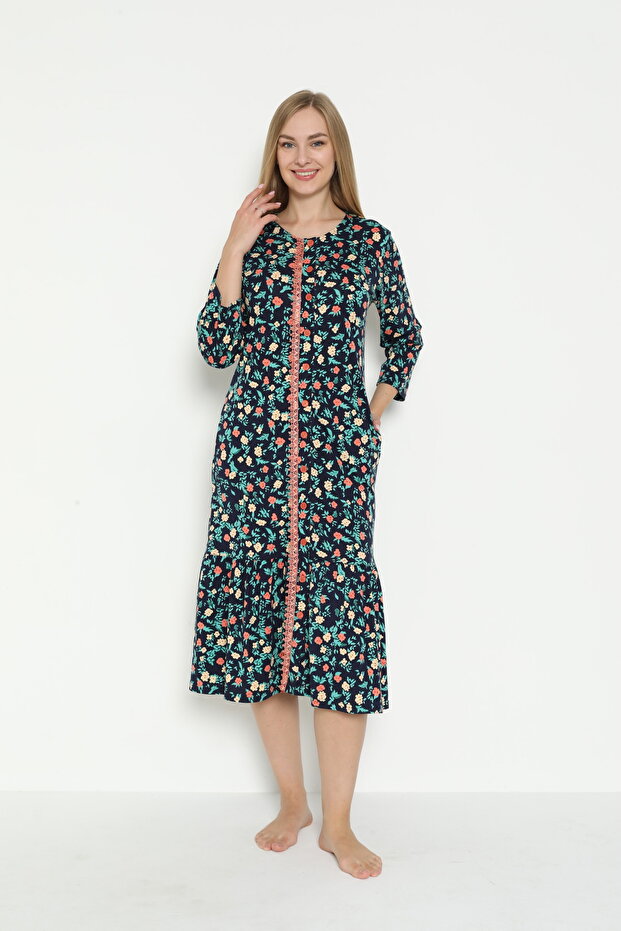 Buttoned Lace Detailed Three Quarter Sleeve Cotton Modal Dress