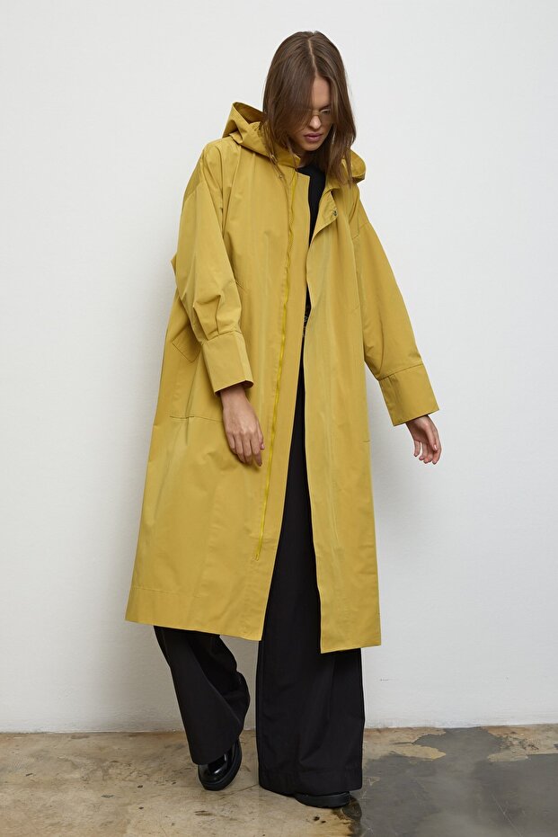 Kapüşonlu Oversize Yağmurluk Sarı - 5