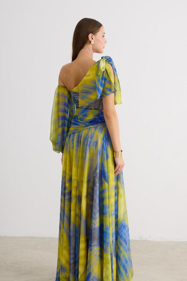 Sarı Tek Kol Empirme Şifon Abiye Elbise - 6