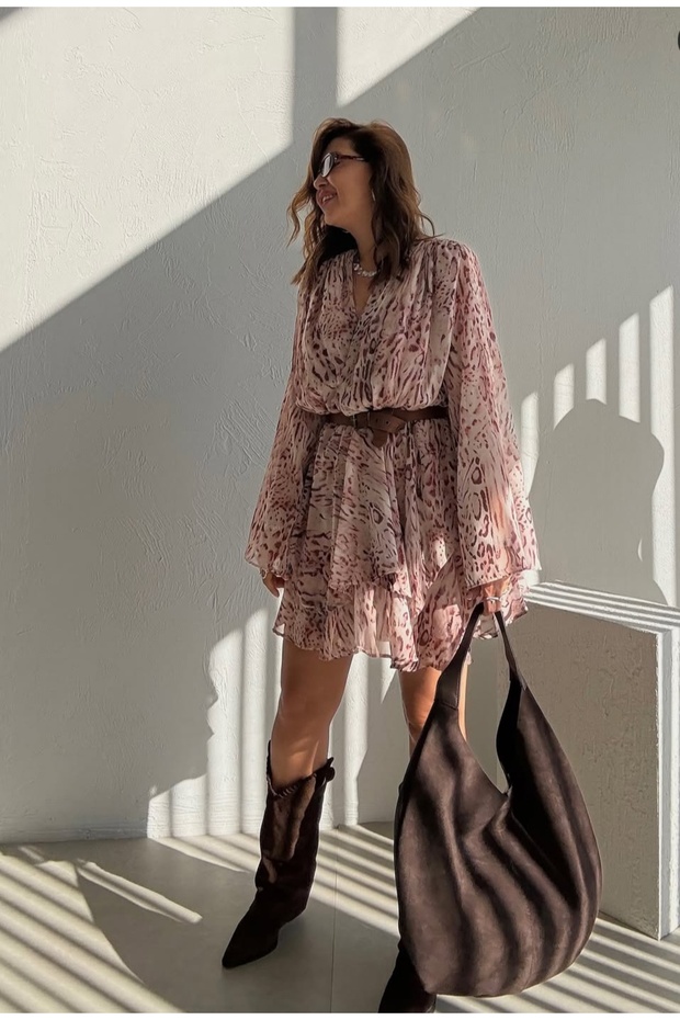 فستان شيفون مزخرف بحزام - 2