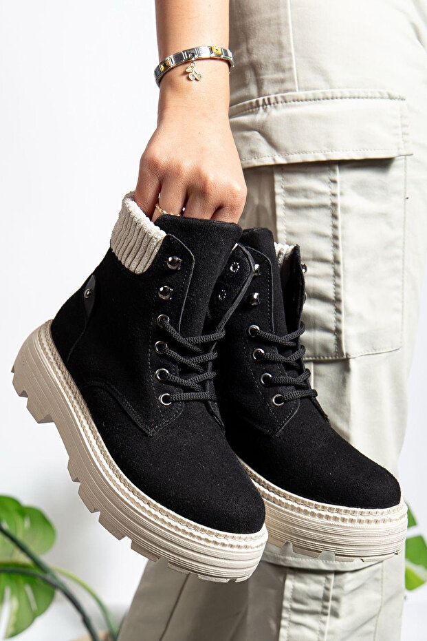 Women's Black Suede Casual Lace-Up Water Resistant Boots Comfortable Stylish High Sole Warm Lining Winter Bootie