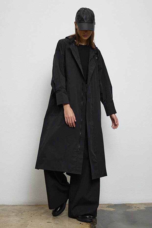 Kapüşonlu Oversize Yağmurluk Siyah - 1