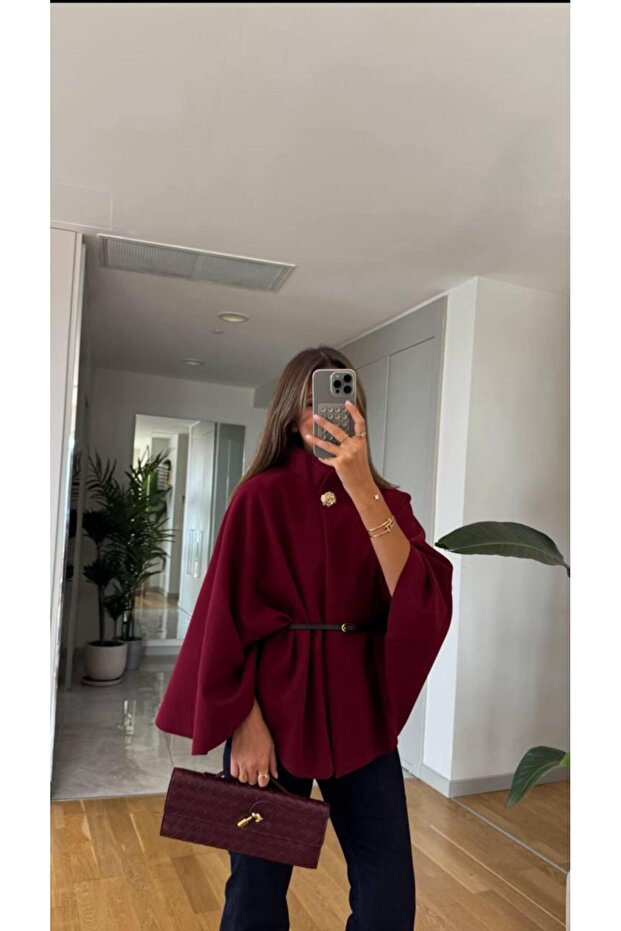 Buttoned Cashmere Poncho with Belt Detail