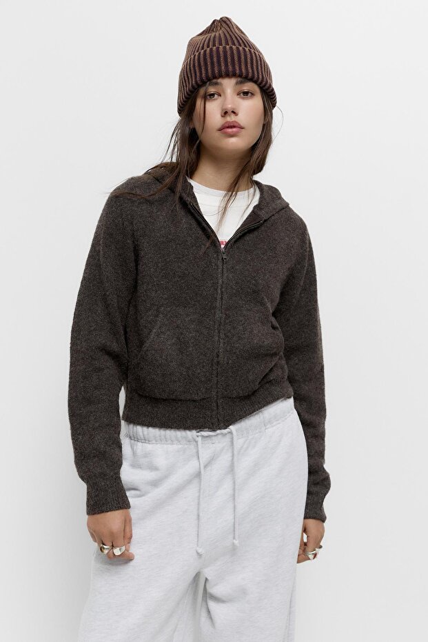 Fermuarlı kapüşonlu örgü sweatshirt - 4