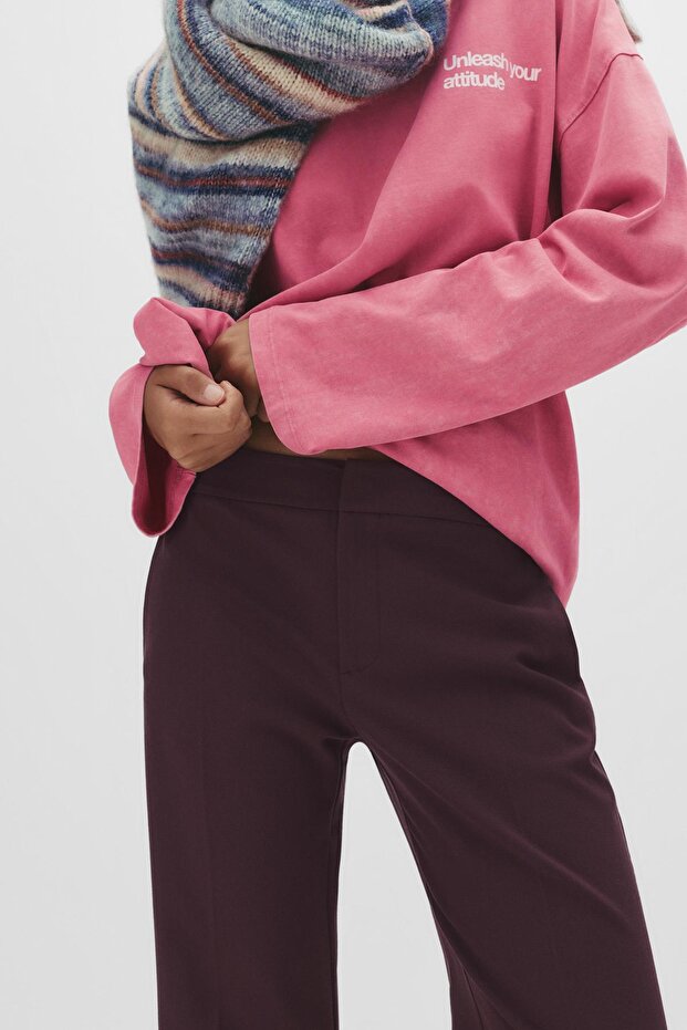 Bordo yırtmaçlı düz paça pantolon - 5