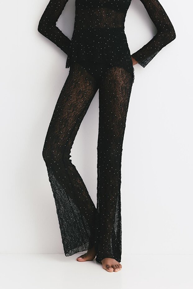 Payetli dantel çan pantolon - 4