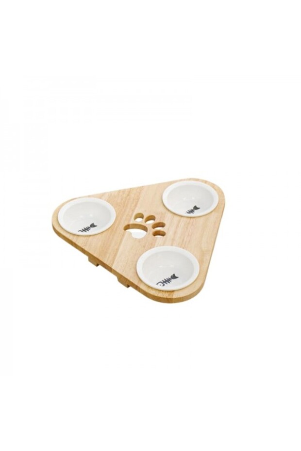 Wooden Pet Feeder Table With 3 Bowls, Raised Cat Inclined Food And Water Bowl For Neck Protection (T