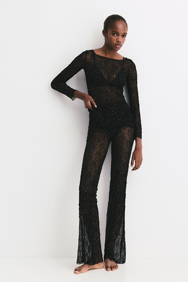 Payetli dantel çan pantolon - 1