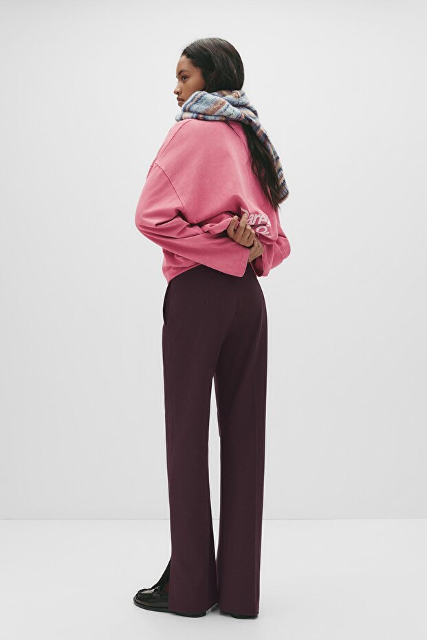 Bordo yırtmaçlı düz paça pantolon - 4