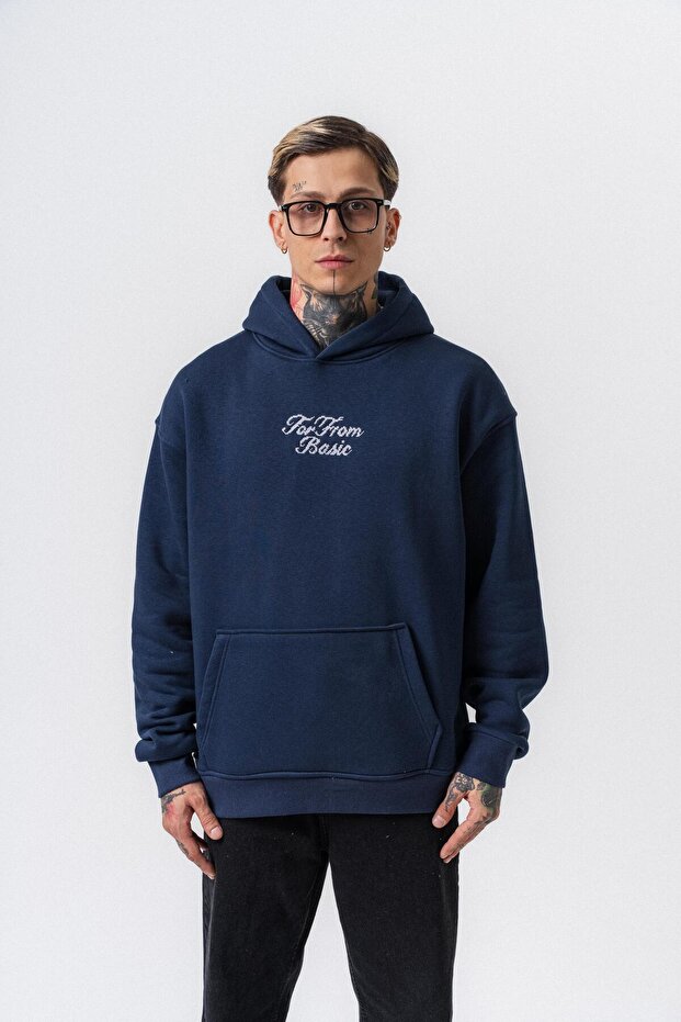 Men's Far from Basic Embroidered Hooded Oversize Hoodie Navy Blue