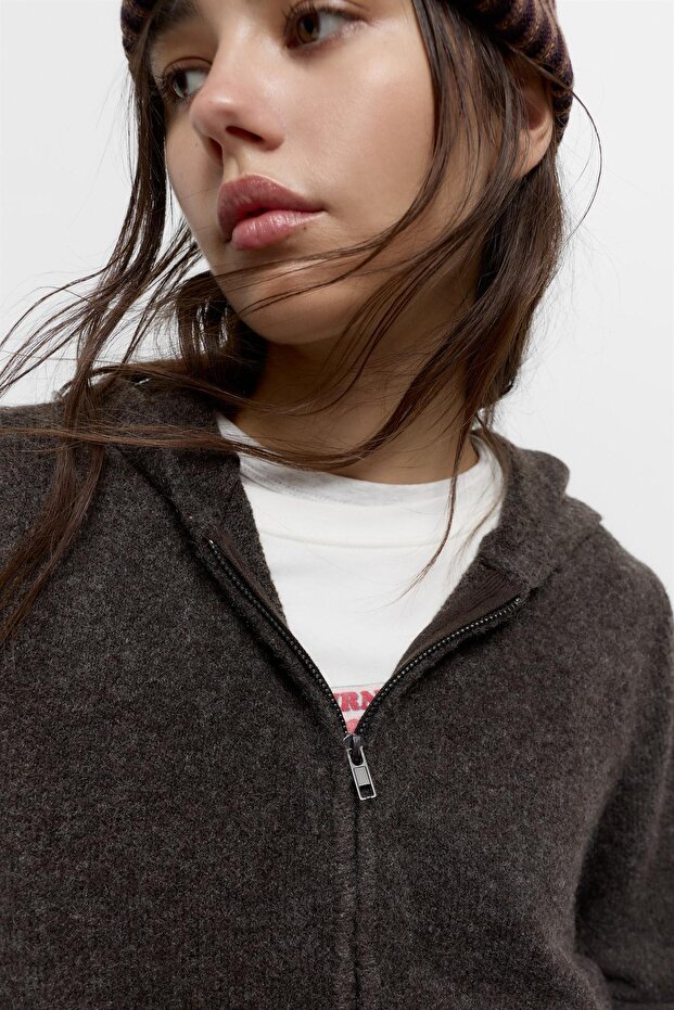 Fermuarlı kapüşonlu örgü sweatshirt - 3