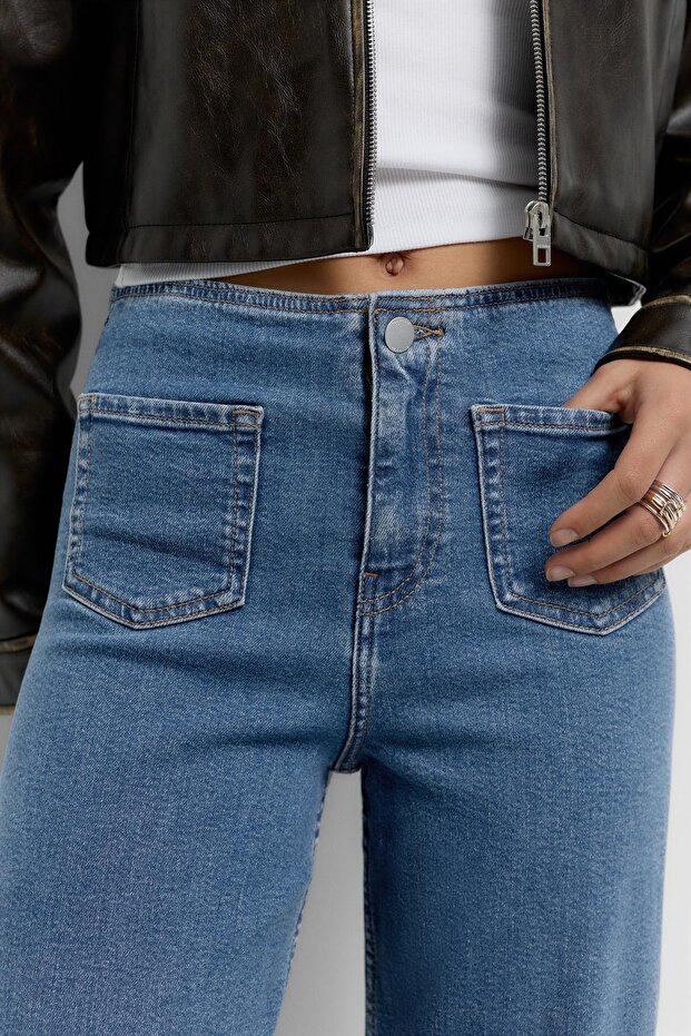 Geniş paça yama cepli jean - 4