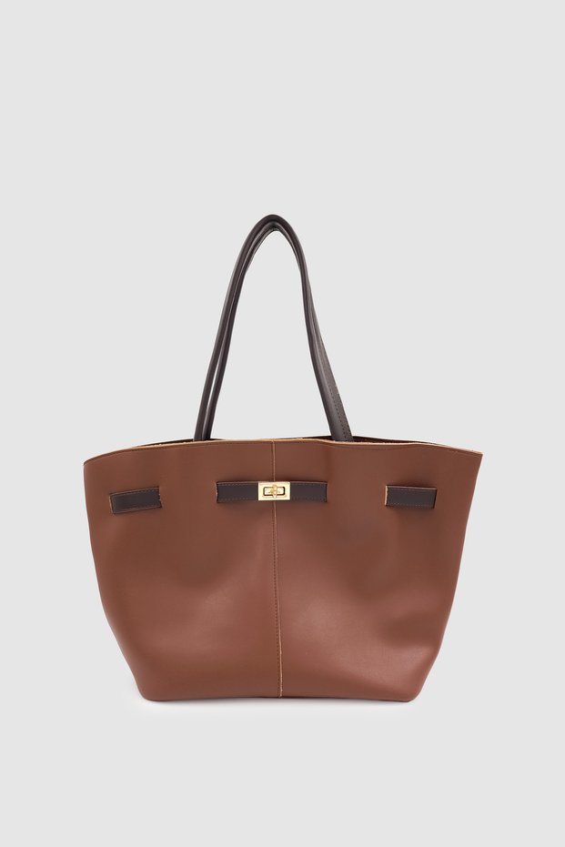 Ferny Belt, Buckle and Stitching Detailed Arm and Shoulder Bag Tan