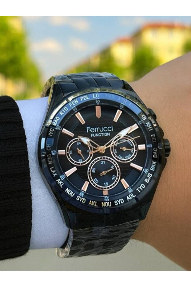 Black Men's Wristwatch – Multifunctional – World Time – Steel Band – 2 Years Warranty
