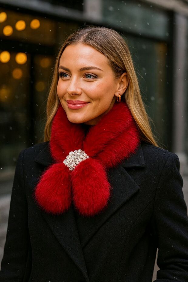 Red Soft Textured Mango Plush Pearled Women's Neck Collar