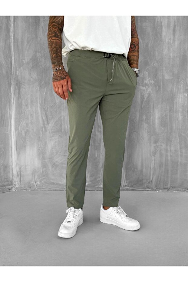 Men's Elastic Waist Tecno Fabric Slim Fit Trousers Green