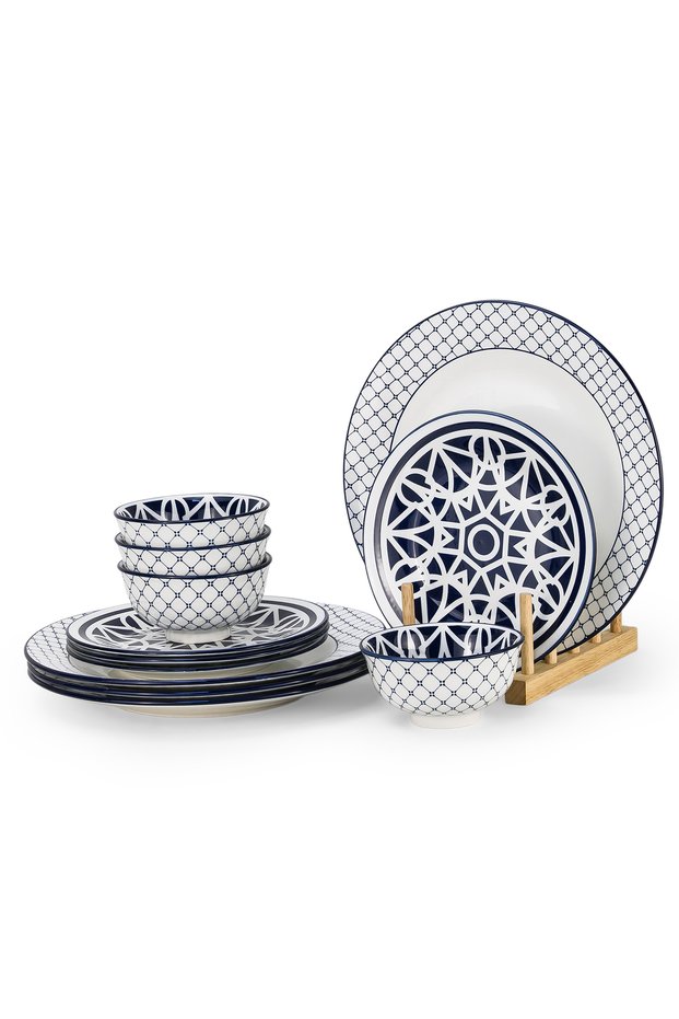Porcelain MALFI 12-Pc Dinner Set - Blue, 4×10.5” Plates,4×7.5” SidePlates & 4×4.5”SmallBowls