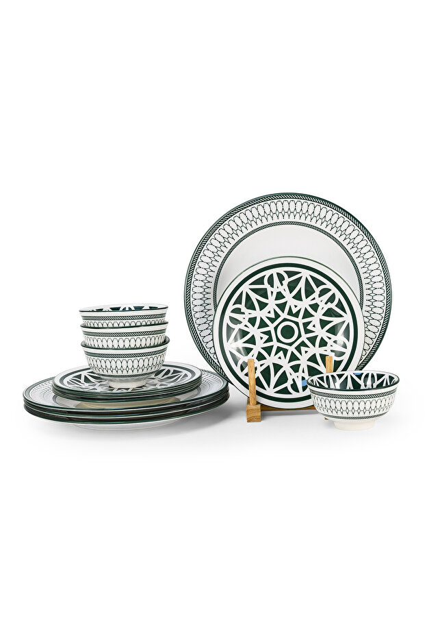 Porcelain AMALFI 12Pc Dinner Set - Green, 4×10.5” Plates,4×7.5”SidePlates&4 × 4.5”SmallBowls