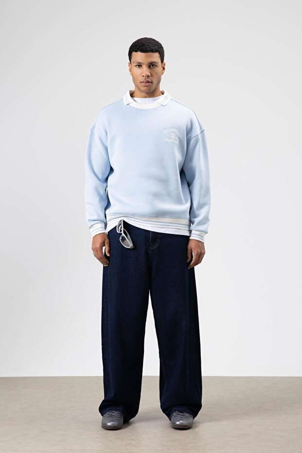 Oversize Collar Embroidery Detailed Sweatshirt Baby Blue