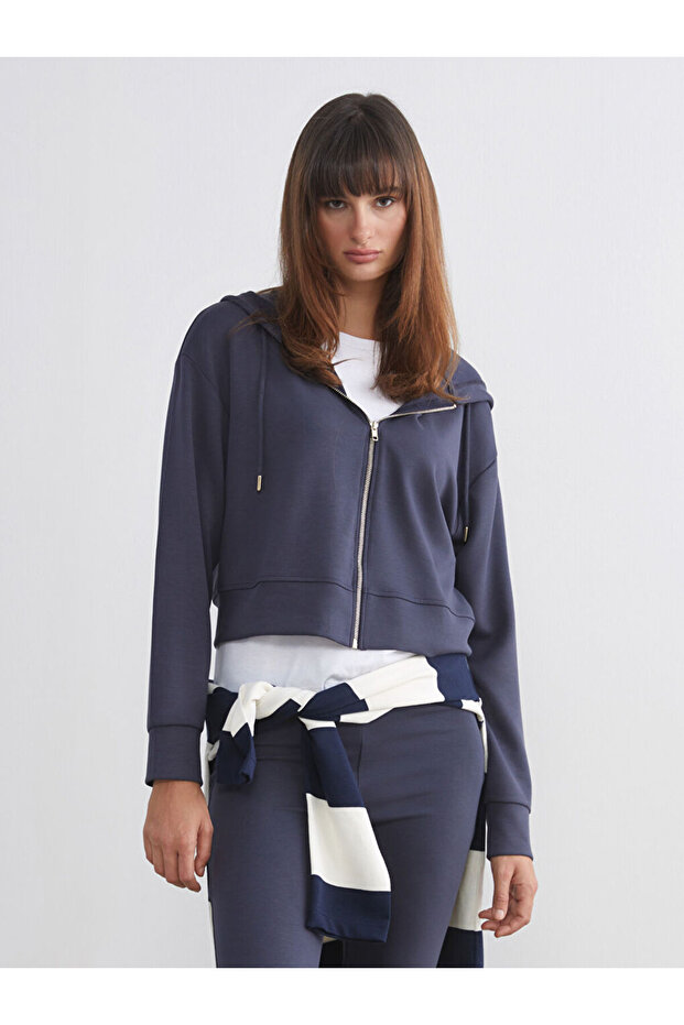 Navy Blue Hooded Women's Zippered Sweatshirt